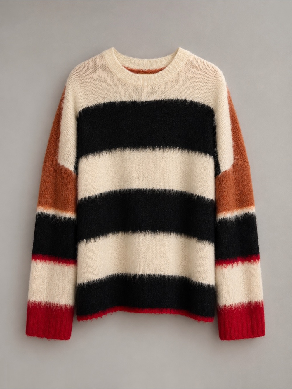 Cinq à Sept Oversized Striped Fuzzy Sweater – Black, Cream, Red & Orange - L